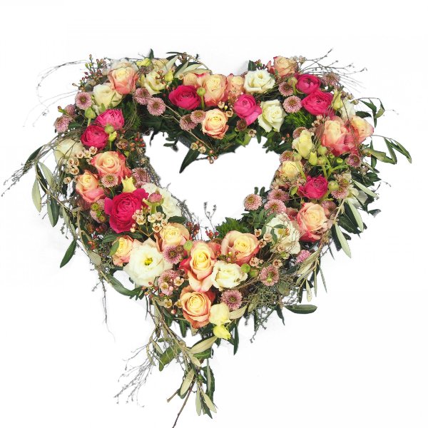Herzform mit Blumen offen, in creme-rosafarbener Blumenkombination Bild 1